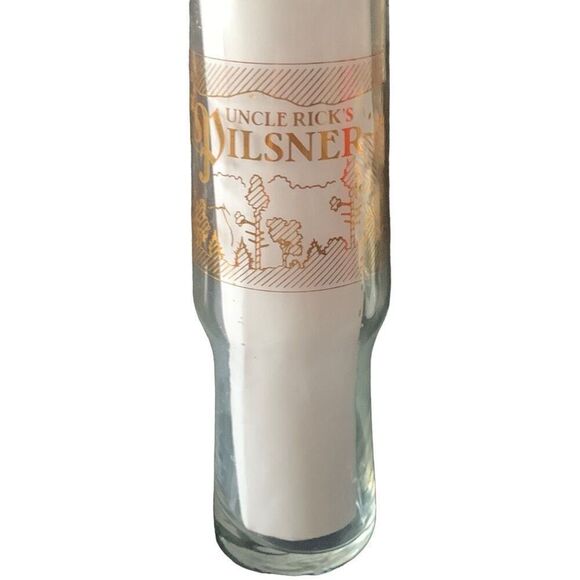 Pre Owned Uncle Ricks Pilsner Beer Glass 16oz Gold Lettering Great Graphics - Picture 1 of 13